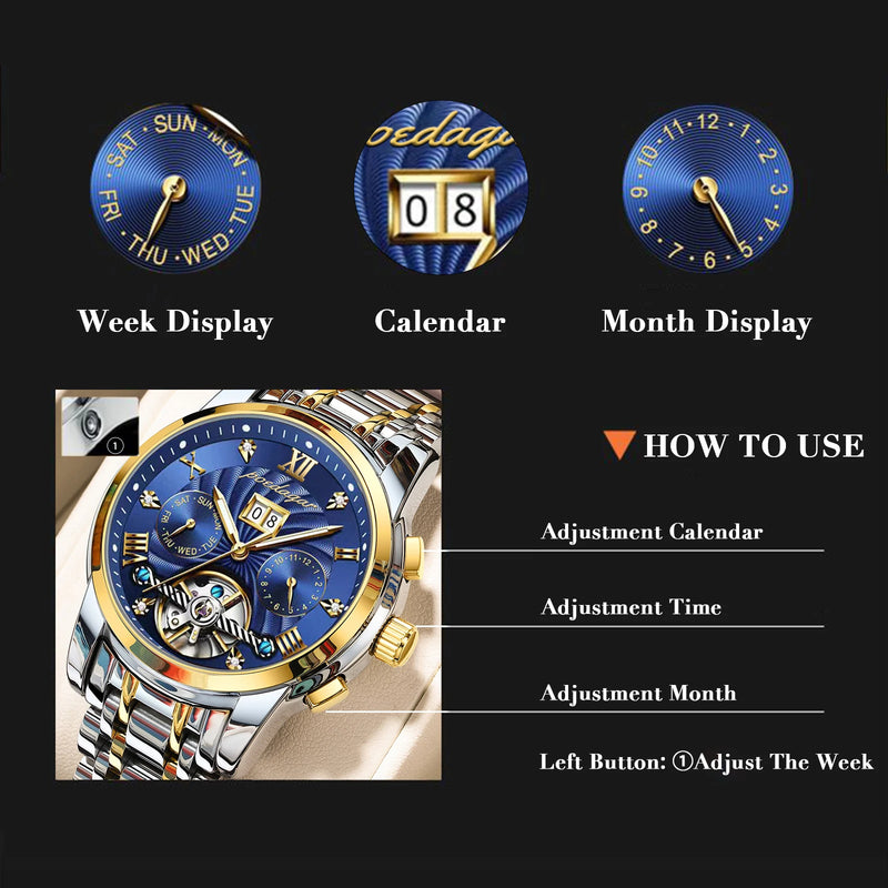 POEDAGAR Automatic Mechanical Tourbillon Business Wristwatch Luxury Hollow Waterproof Stainless Steel Men Watches Relojes Hombre